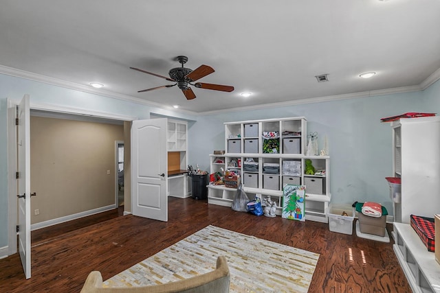 203 Liveoak Trl, Dothan, AL 36305 - rec room featuring ceiling fan, crown molding, wood finished floors, baseboards, and recessed lighting