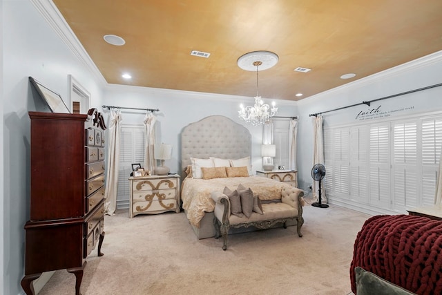 203 Liveoak Trl, Dothan, AL 36305 - bedroom with light carpet, ornamental molding, recessed lighting, and a chandelier