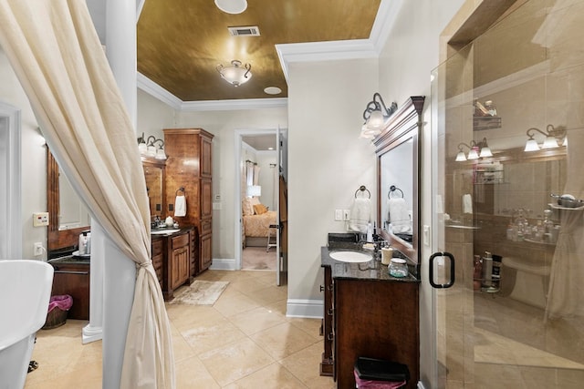 203 Liveoak Trl, Dothan, AL 36305 - ensuite bathroom with crown molding, vanity, tile patterned floors, a stall shower, and baseboards