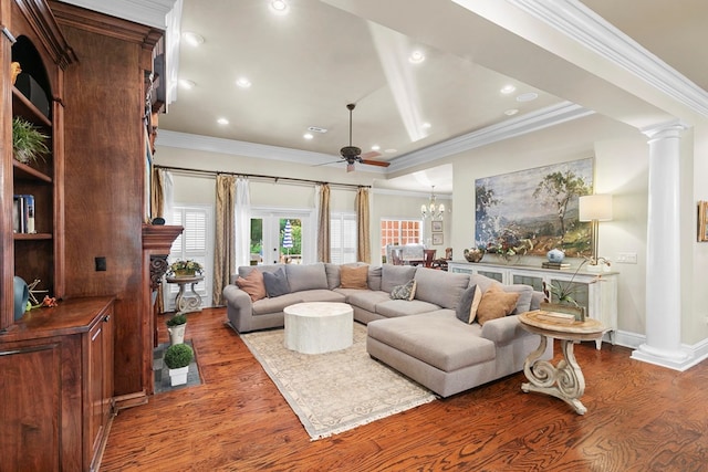 203 Liveoak Trl, Dothan, AL 36305 - living area featuring wood finished floors, decorative columns, a ceiling fan, ornamental molding, and recessed lighting