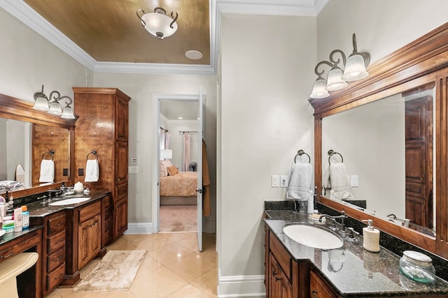 203 Liveoak Trl, Dothan, AL 36305 - bathroom with connected bathroom, two vanities, baseboards, tile patterned flooring, and ornamental molding