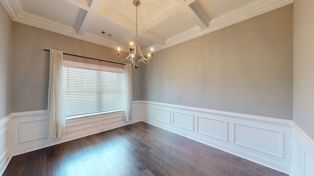 174 Ridgecrest Loop, Dothan, AL 36301 - unfurnished room with coffered ceiling, beamed ceiling, a chandelier, wainscoting, and dark wood finished floors