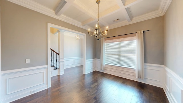 174 Ridgecrest Loop, Dothan, AL 36301 - spare room featuring coffered ceiling, a chandelier, beamed ceiling, stairway, and dark wood-style floors