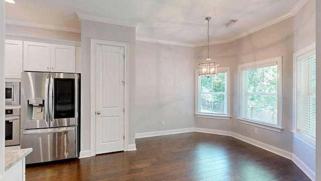 174 Ridgecrest Loop, Dothan, AL 36301 - kitchen featuring stainless steel appliances, a chandelier, ornamental molding, dark wood-type flooring, and white cabinetry