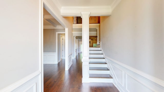 174 Ridgecrest Loop, Dothan, AL 36301 - stairway with crown molding, a decorative wall, a wainscoted wall, decorative columns, and wood finished floors