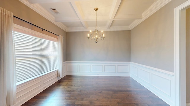174 Ridgecrest Loop, Dothan, AL 36301 - unfurnished dining area with a chandelier, coffered ceiling, dark wood-type flooring, beamed ceiling, and wainscoting