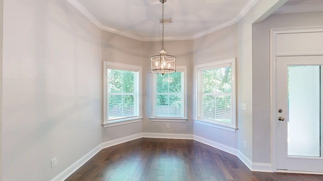 174 Ridgecrest Loop, Dothan, AL 36301 - unfurnished dining area featuring plenty of natural light, a chandelier, dark wood-style floors, crown molding, and baseboards