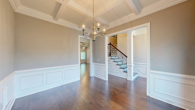 174 Ridgecrest Loop, Dothan, AL 36301 - empty room featuring a chandelier, beamed ceiling, dark wood-style floors, stairway, and a decorative wall