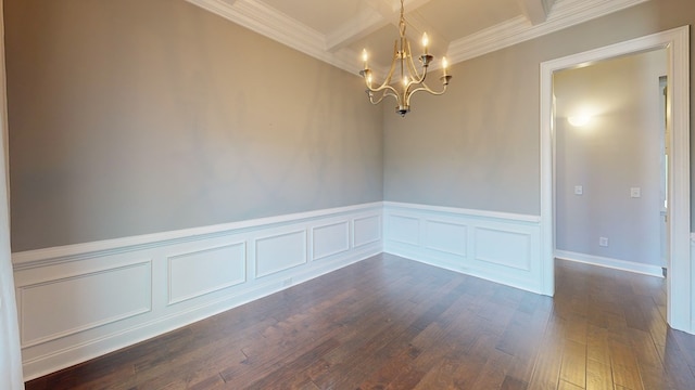174 Ridgecrest Loop, Dothan, AL 36301 - unfurnished room with a chandelier, coffered ceiling, beamed ceiling, dark wood-type flooring, and a wainscoted wall
