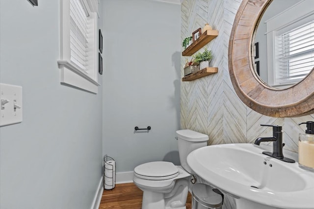 bathroom with wood-type flooring, sink, and toilet