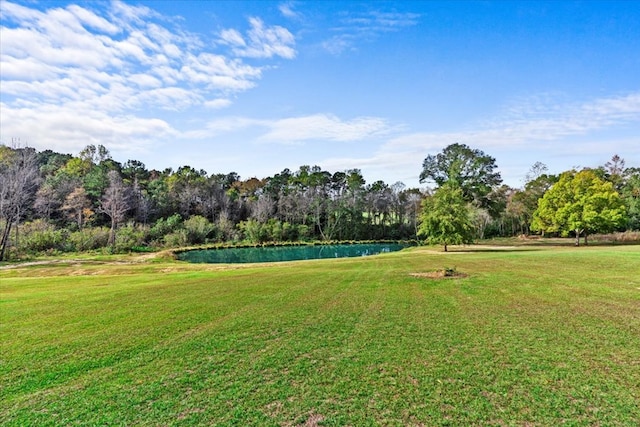 view of property's community featuring a water view and a lawn