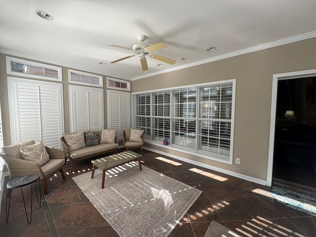 unfurnished living room featuring ceiling fan and ornamental molding