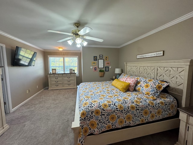 carpeted bedroom with ceiling fan and crown molding