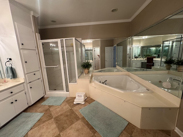 bathroom featuring plus walk in shower, vanity, and ornamental molding