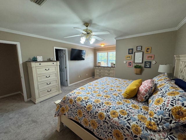 bedroom featuring ceiling fan, ornamental molding, and light carpet