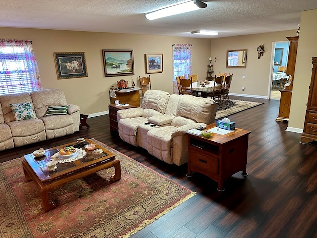 living room with dark hardwood / wood-style flooring and a textured ceiling