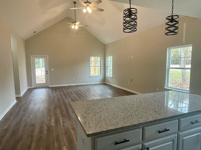 kitchen featuring decorative light fixtures, a wealth of natural light, dark wood-type flooring, and ceiling fan