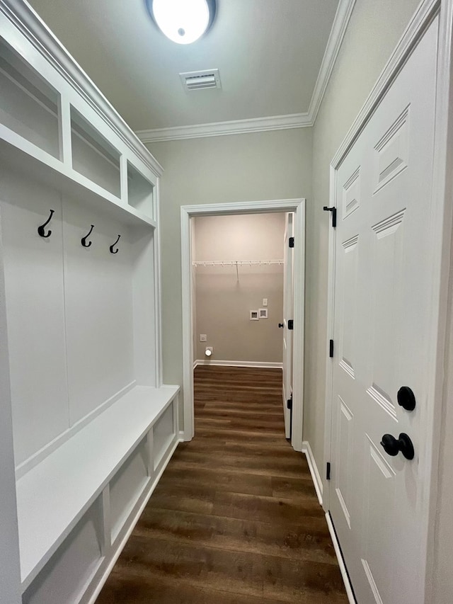 mudroom with dark hardwood / wood-style floors and crown molding