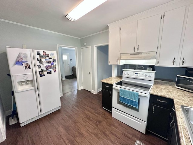 305 Highland Ave, Ozark, AL 36360 - kitchen featuring white appliances, under cabinet range hood, ornamental molding, light countertops, and dark wood-style floors