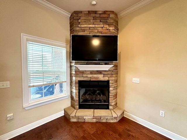 202 Frisco Ln, Enterprise, AL 36330 - room details featuring baseboards, ornamental molding, a stone fireplace, and wood finished floors
