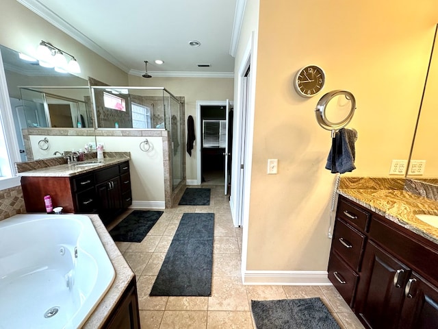 202 Frisco Ln, Enterprise, AL 36330 - bathroom with a sink, ornamental molding, a shower stall, and two vanities