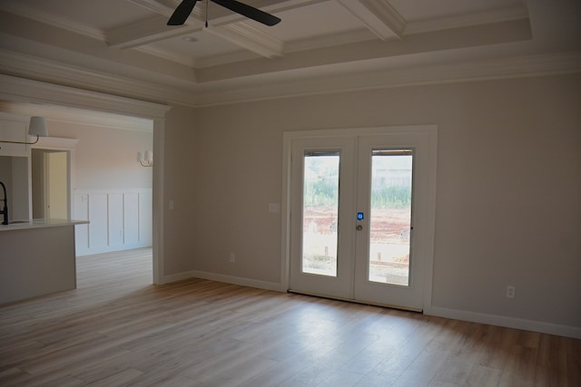 110 Mikala Ct, Enterprise, AL 36330 - spare room featuring a ceiling fan, coffered ceiling, french doors, beam ceiling, and light wood-style floors