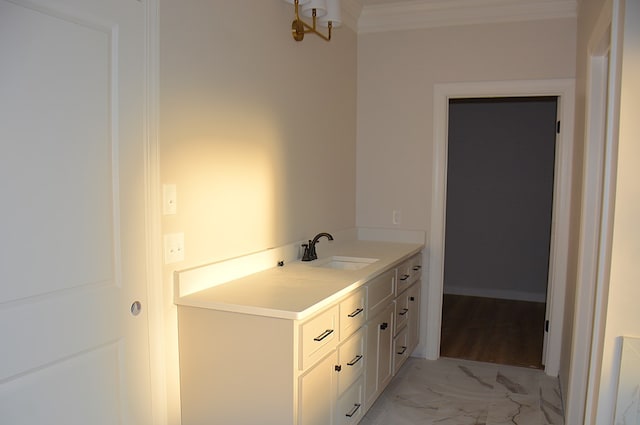 110 Mikala Ct, Enterprise, AL 36330 - bathroom featuring marble look tile flooring, ornamental molding, and vanity