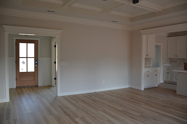 110 Mikala Ct, Enterprise, AL 36330 - unfurnished living room featuring coffered ceiling, light wood-style flooring, beam ceiling, and ornamental molding