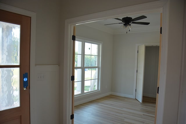110 Mikala Ct, Enterprise, AL 36330 - entryway with light wood-style floors, crown molding, and a ceiling fan