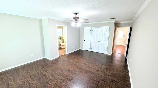 5 Walford Pl, Dothan, AL 36301 - unfurnished bedroom featuring dark wood-style floors, a textured ceiling, crown molding, a ceiling fan, and ensuite bathroom