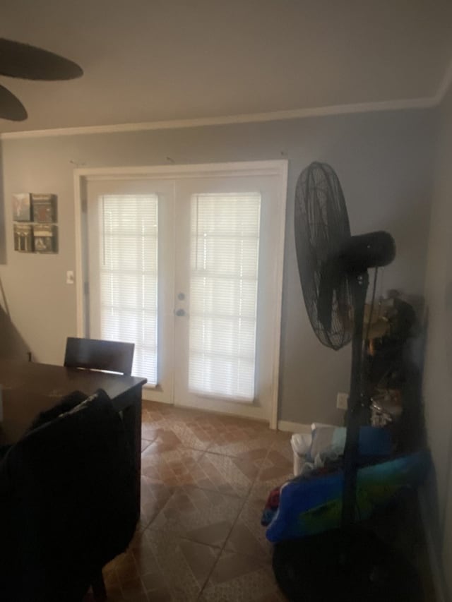 living room featuring carpet flooring, french doors, and ceiling fan