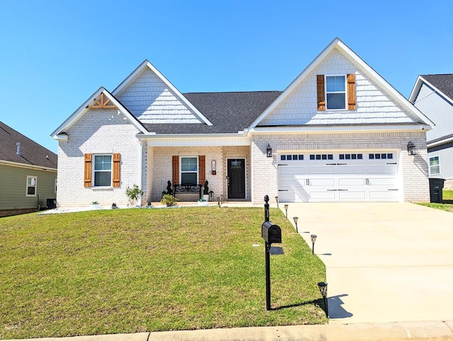 craftsman-style home featuring covered porch, a front yard, and a garage