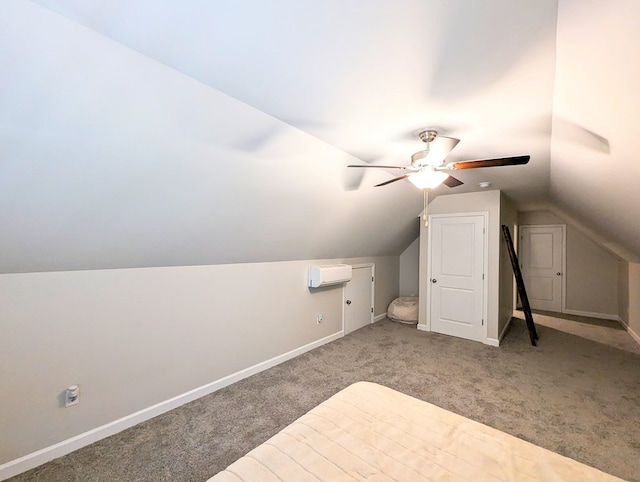 additional living space featuring carpet, ceiling fan, a wall mounted air conditioner, and lofted ceiling