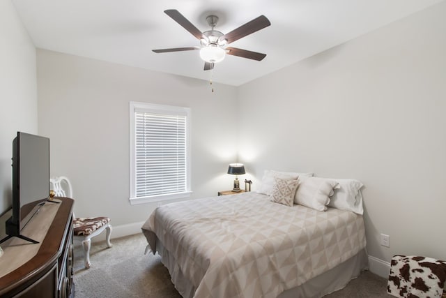 bedroom with ceiling fan and carpet flooring