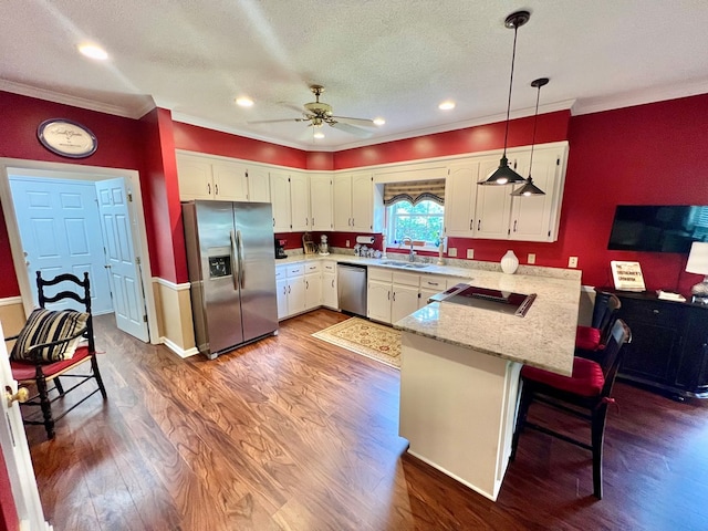 508 N Englewood Ave, Dothan, AL 36303 - kitchen featuring stainless steel appliances, a peninsula, ornamental molding, dark wood-style flooring, and a ceiling fan
