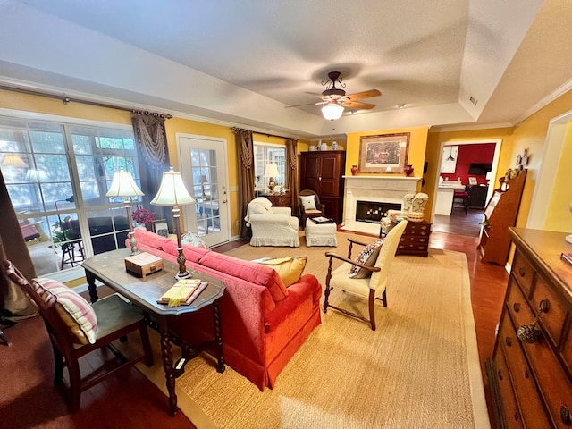 508 N Englewood Ave, Dothan, AL 36303 - living area with a tray ceiling, a ceiling fan, a fireplace, ornamental molding, and wood finished floors