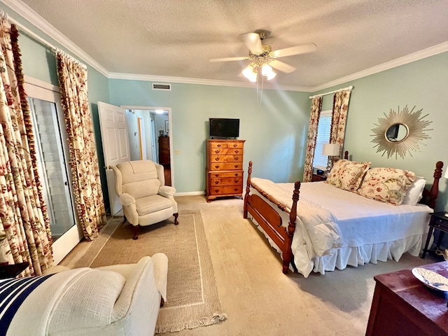 508 N Englewood Ave, Dothan, AL 36303 - bedroom with a textured ceiling, carpet flooring, ornamental molding, and a ceiling fan