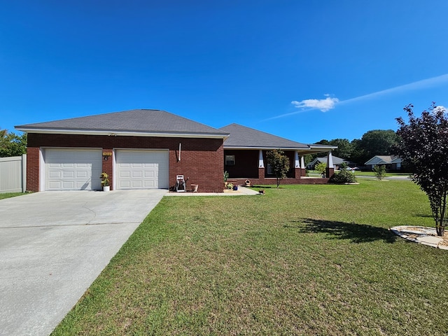 view of front of home featuring a front yard and a garage