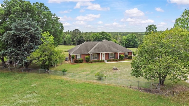 4808 Crystal Springs Rd, Red Level, AL 36474 - view of front of property featuring a fenced backyard, a front lawn, a rural view, and a forest view