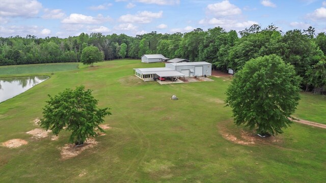drone / aerial view with a water view and a view of trees