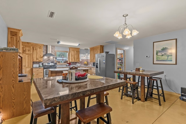 dining space with visible vents, an inviting chandelier, and finished concrete flooring