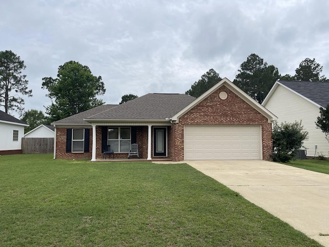 ranch-style home featuring a garage, driveway, brick siding, and a shingled roof