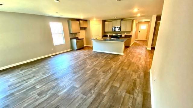 kitchen with hardwood / wood-style floors, an island with sink, and stainless steel appliances