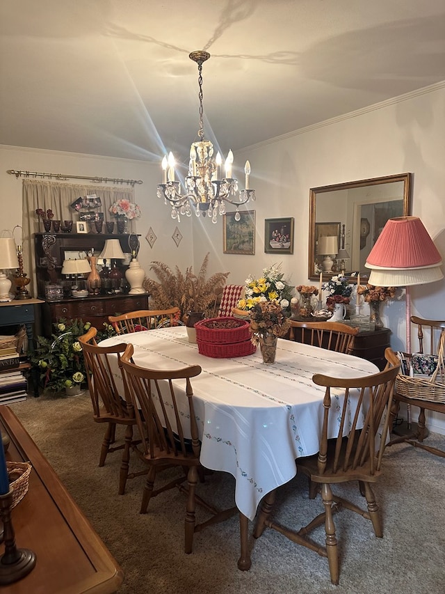 1712 Sowell Rd, Brewton, AL 36426 - dining room with ornamental molding, carpet floors, and a notable chandelier