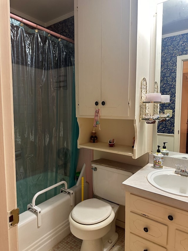 1712 Sowell Rd, Brewton, AL 36426 - full bathroom with toilet, vanity, shower / bath combo, and ornamental molding