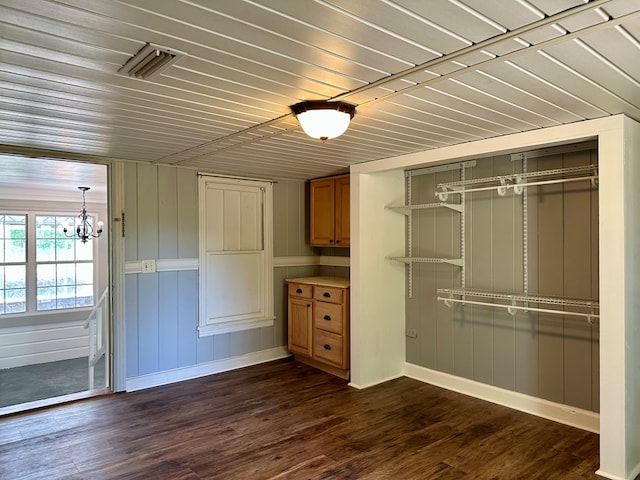 6537 E State Highway 52, Hartford, AL 36344 - interior space featuring wood ceiling, visible vents, baseboards, an inviting chandelier, and dark wood-type flooring