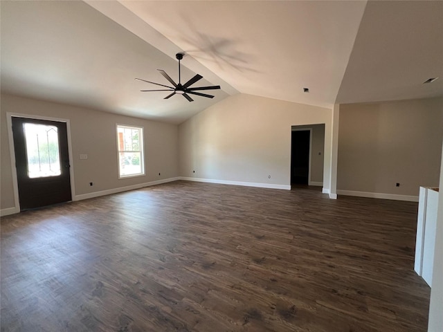 729 Sandstone Dr, Dothan, AL 36303 - unfurnished living room featuring lofted ceiling, ceiling fan, dark wood-type flooring, and baseboards