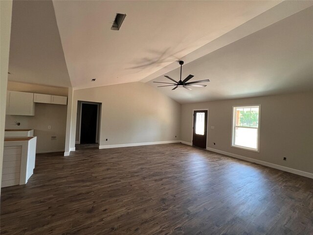 729 Sandstone Dr, Dothan, AL 36303 - unfurnished living room with ceiling fan, lofted ceiling, dark wood-style floors, and baseboards