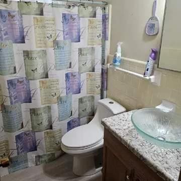 bathroom featuring vanity, tile walls, and toilet