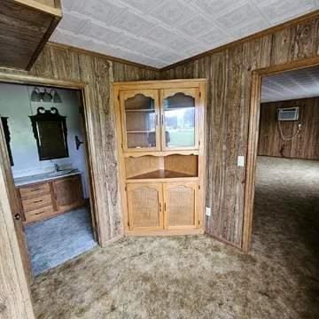 8159 State Highway 10, Shorterville, AL 36373 - corridor with wood walls, carpet flooring, and a wall mounted AC